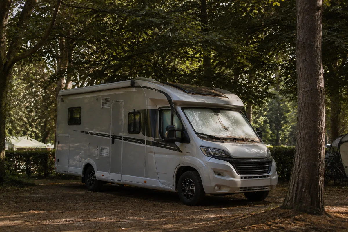 Camping-car stationné sur une aire au bord du lac d’Annecy