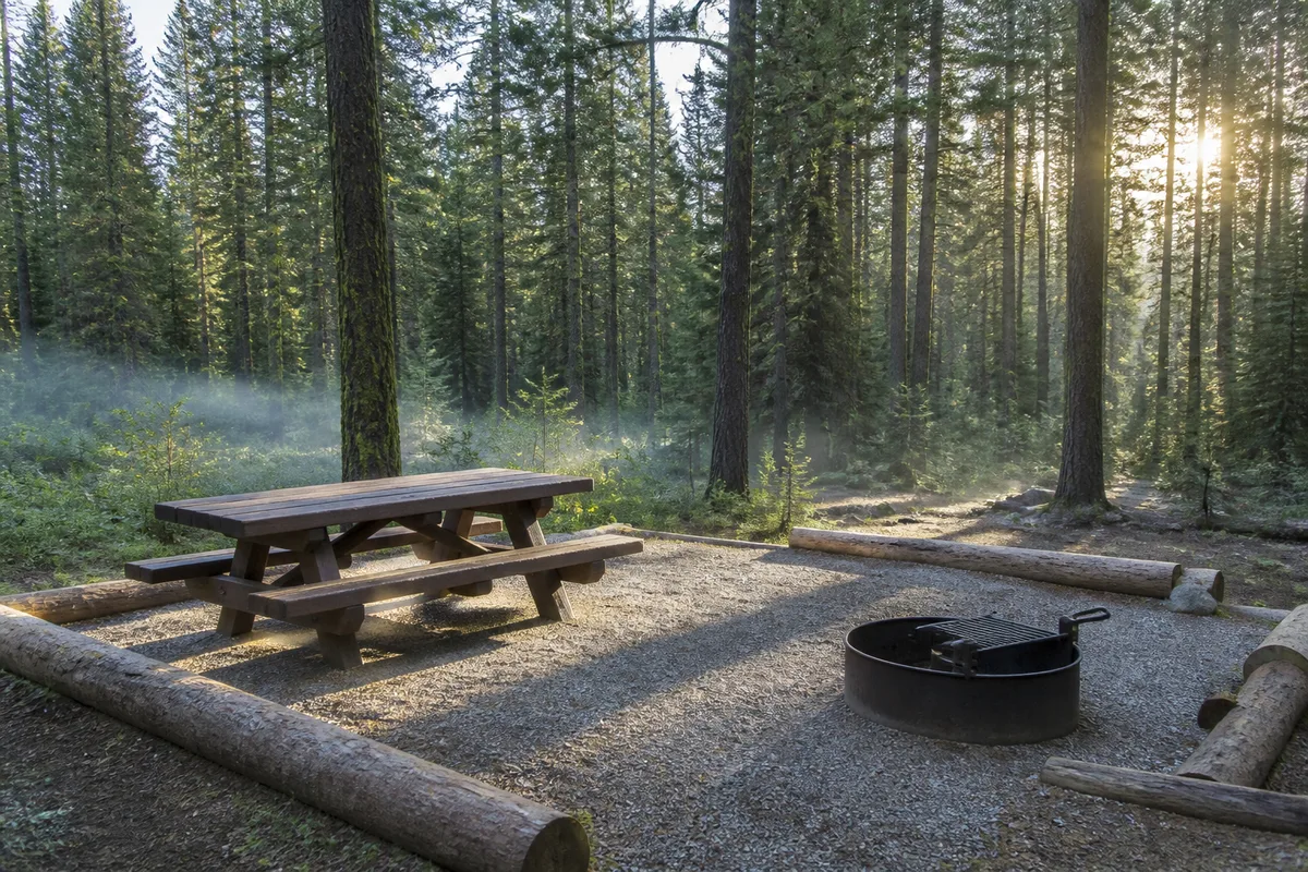 Emplacement de campground avec table de pique-nique en bois et anneau de feu, forêt de conifères en arrière-plan