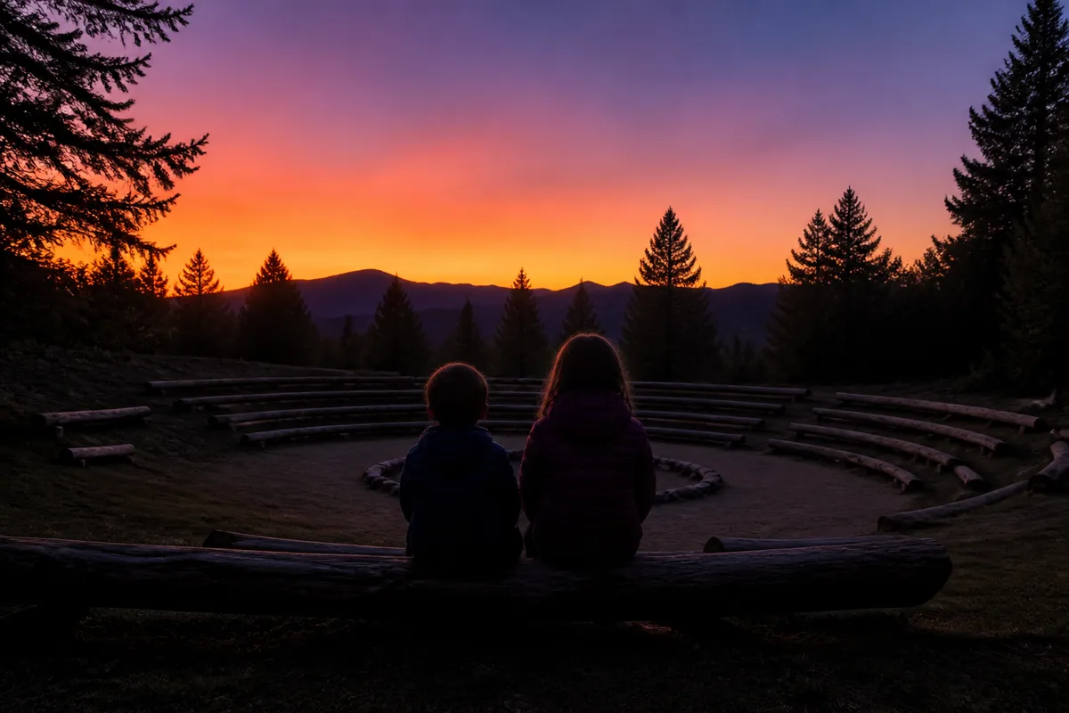 Enfants de dos assis sur un tronc face à un amphithéâtre de plein air au crépuscule, ciel orangé