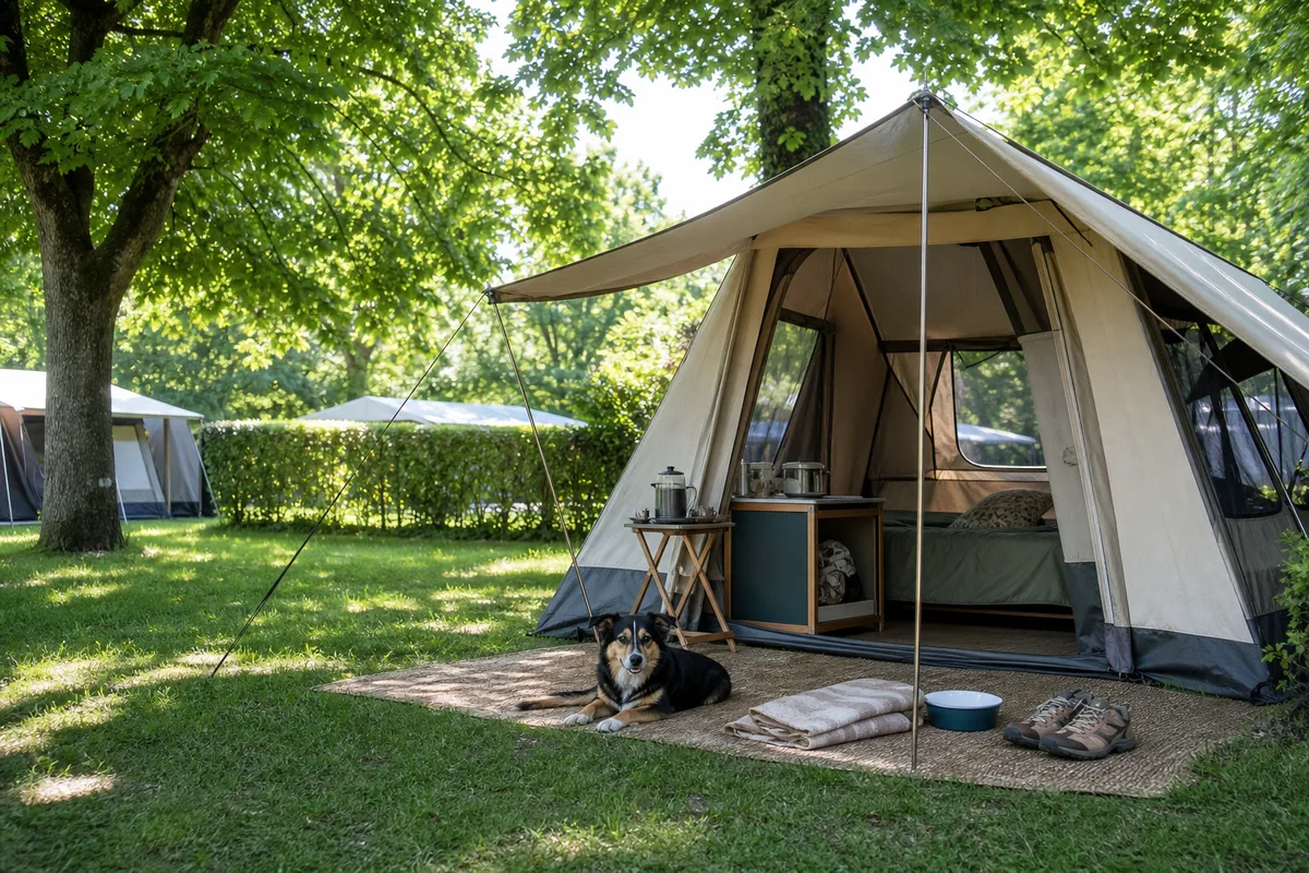 Tente familiale installée sur un emplacement ombragé de camping avec un chien couché devant l&rsquo;auvent