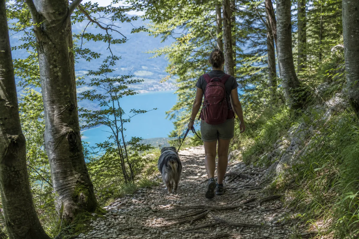 Randonneur de dos sur un sentier forestier au-dessus du lac d&rsquo;Annecy, chien en laisse à ses côtés