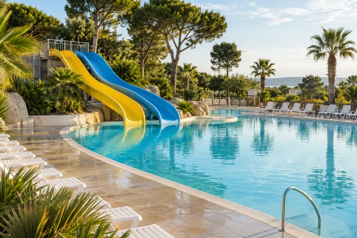 Espace aquatique de camping au matin, eau turquoise et toboggans au bord d’une piscine extérieure