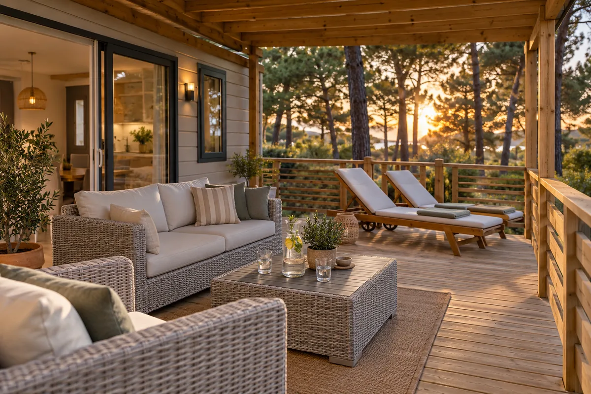 Terrasse en bois d’un locatif premium avec salon de jardin et transats face aux pins