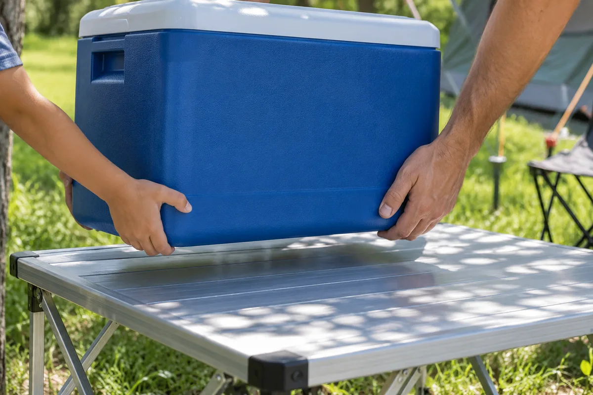Mains d’un enfant et d’un adulte posant une glacière sur la table pliante d’un emplacement ombragé