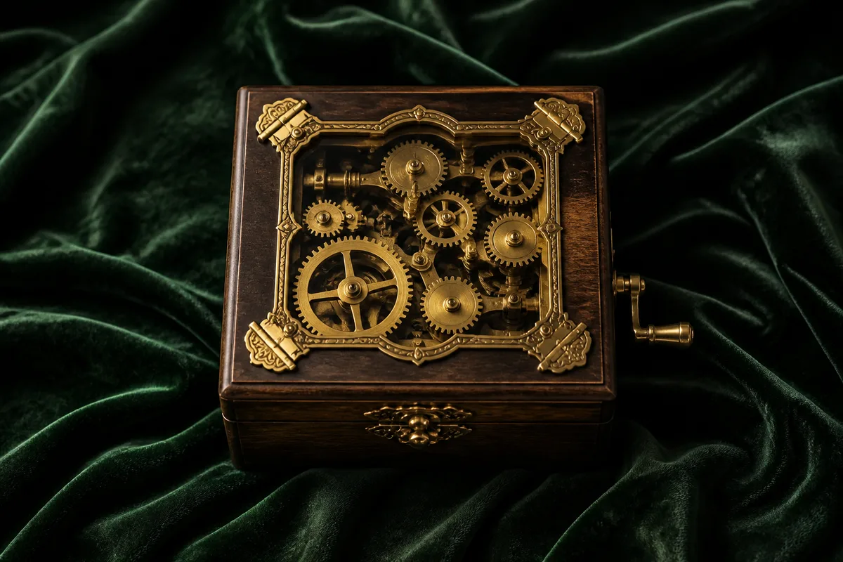Boîte à énigmes en bois aux engrenages de laiton apparents posée sur un velours vert sombre