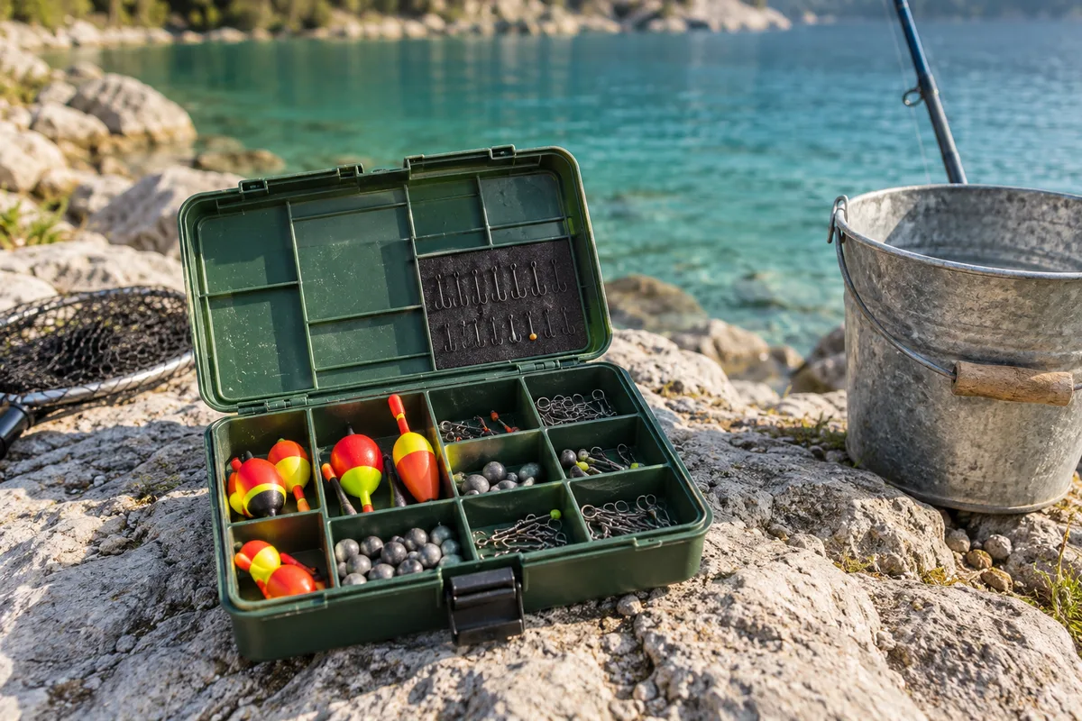 Seau et boîte de pêche ouverte avec flotteurs et plombs colorés posés sur un rocher au bord du lac