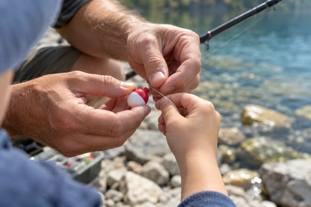 Mains d&rsquo;un adulte et d&rsquo;un enfant accrochant un flotteur rouge et blanc à une ligne de pêche