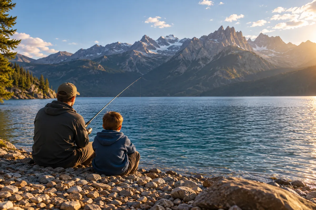 Adulte et enfant vus de dos, assis sur une rive de galets face au lac d&rsquo;Annecy et aux montagnes en fin d&rsquo;après-midi
