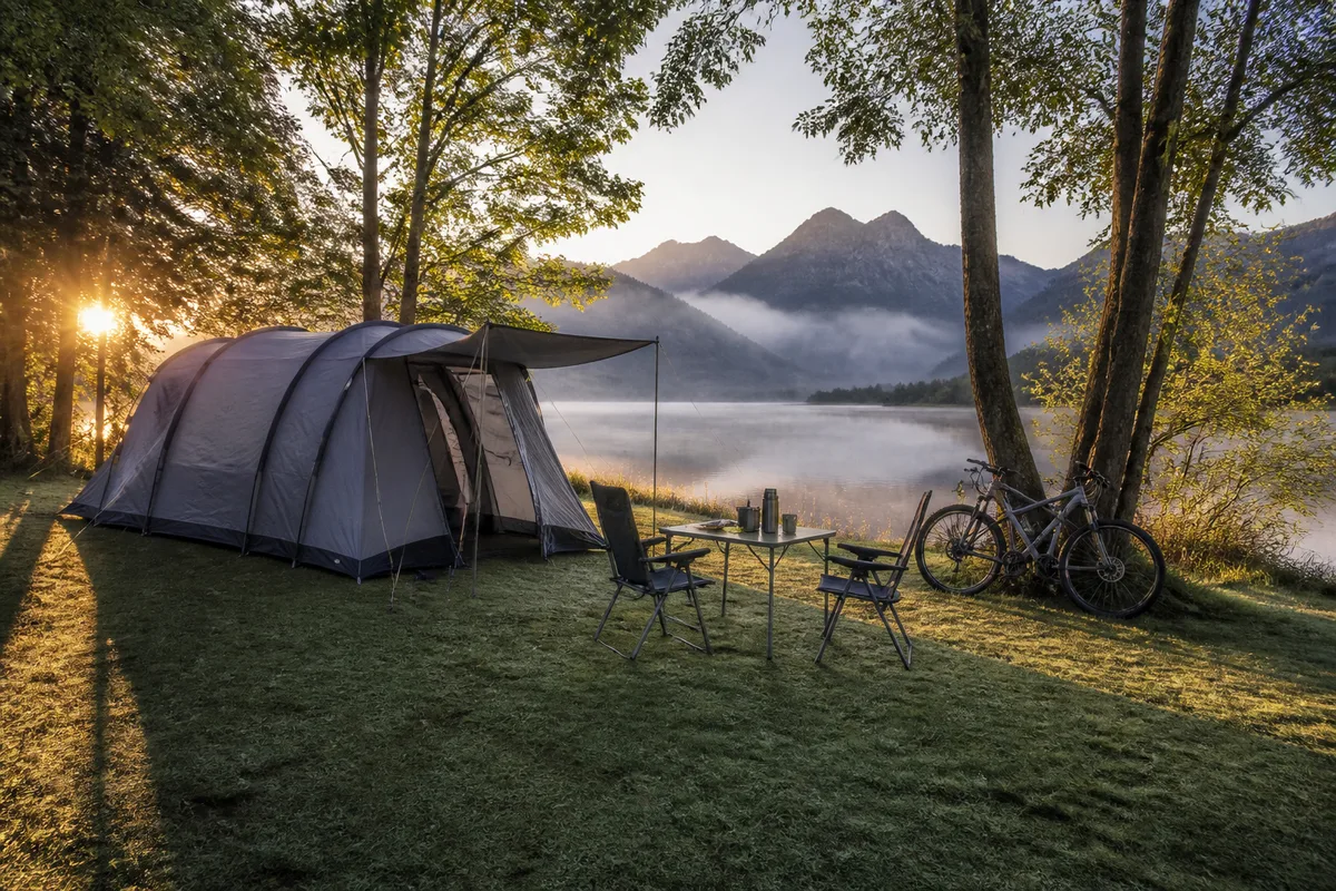 Emplacement de camping herbeux au bord du lac d&rsquo;Annecy au petit matin, tente familiale montée et table pliante, montagnes en arrière-plan