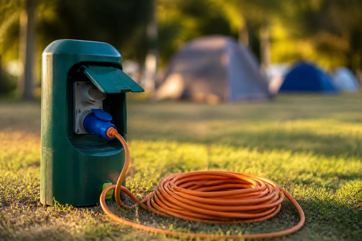 Coffret électrique de camping en bordure d&rsquo;emplacement, câble orange enroulé sur l&rsquo;herbe rase, lumière chaude de fin de journée