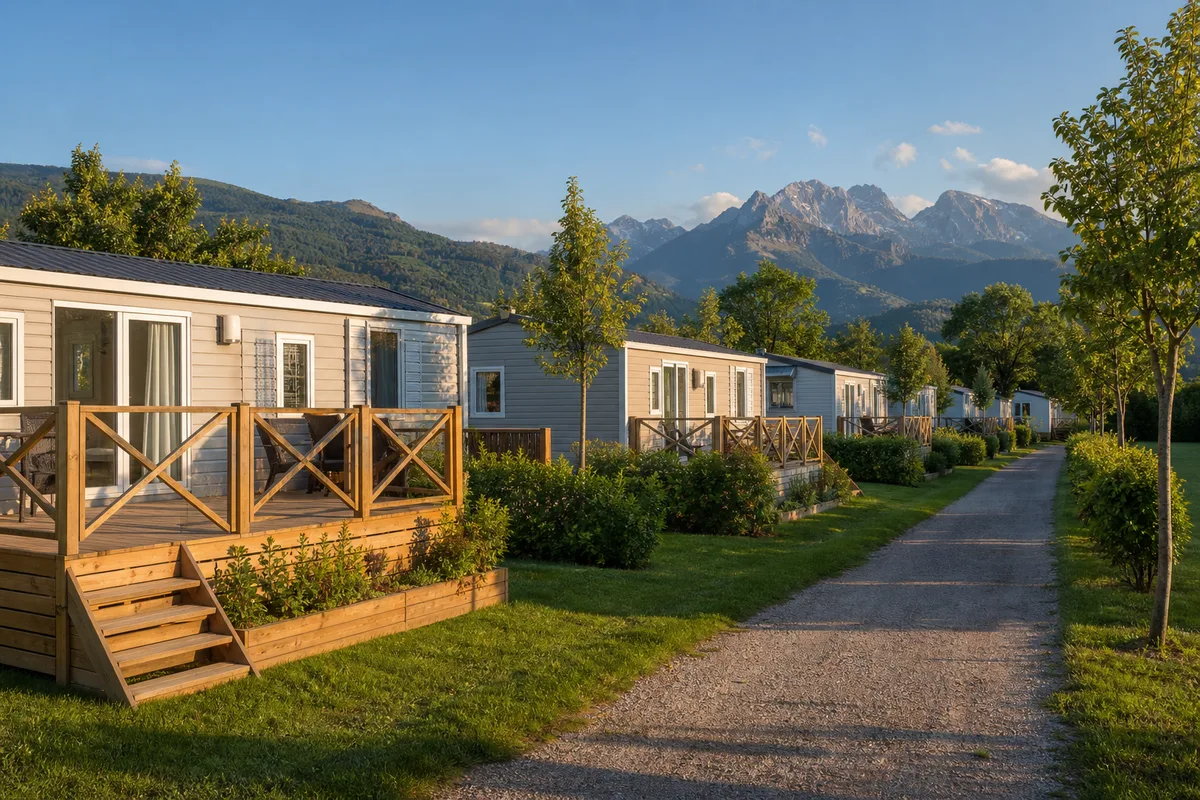 Rangée de mobil-homes clairs avec terrasses en bois sur pelouse tondue, haies basses et sommets alpins au loin en fin d&rsquo;après-midi