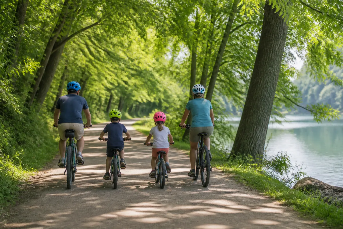 Famille à vélo sur une voie verte bordée d’arbres au bord de l’eau